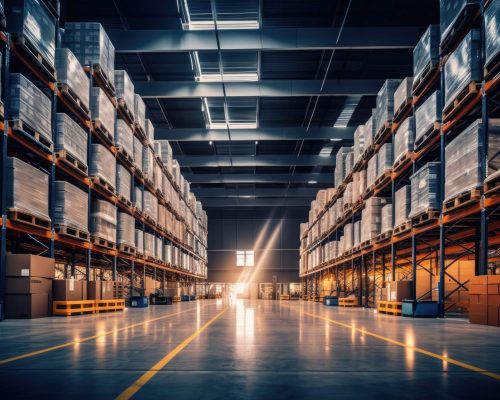 A large warehouse with numerous items. Rows of shelves with boxes.  Logistics. Inventory control, order fulfillment or space optimization. Illustration for advertising, marketing or presentation.